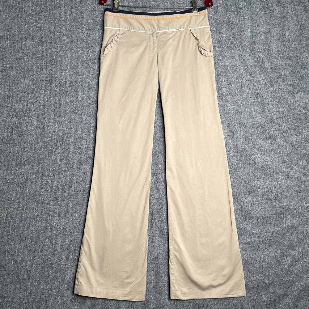 Taikonhu Womens Khaki Ruffle Pocket Wide Leg Trousers Tan Chino Pants Size 6